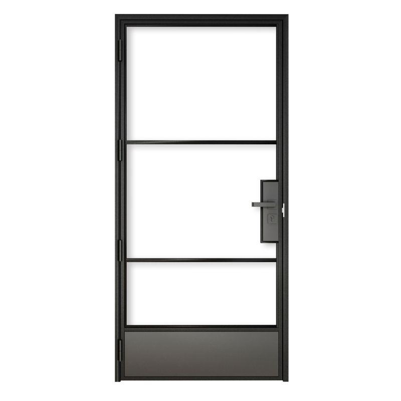 Una moderna puerta de granero de vidrio con marco de acero negro con cerradura opcional y manija rectangular, ideal para interiores contemporáneos.