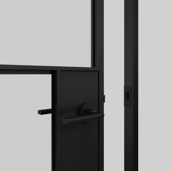 A partially open 3-Lite Black Steel Frame Glass Barn Door with optional lock and handle stands against a plain gray background.