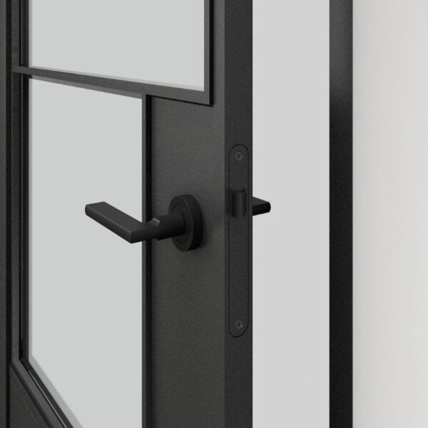 The 3-Lite Black Steel Frame Glass Barn Door, featuring a modern handle and lock, enhances residential interiors with its sleek design.