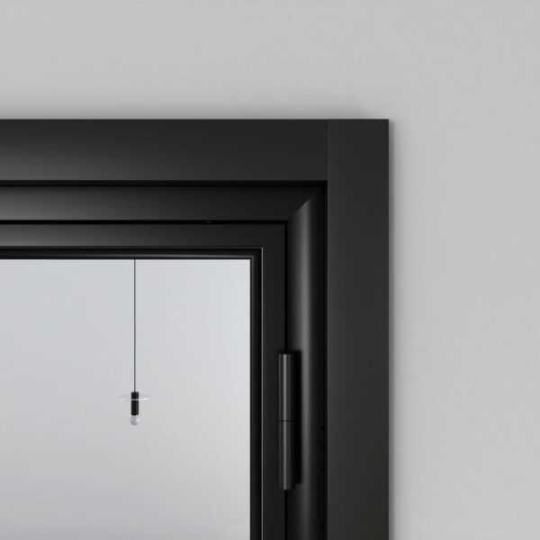 Close-up of a 3-Lite Black Steel Barn Door with Optional Lock, reflecting a hanging light bulb for rustic charm on a white wall.