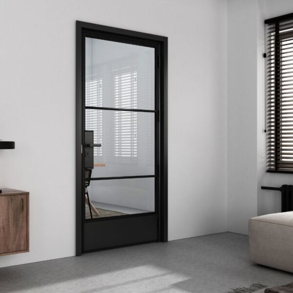 The 3-Lite Black Steel Barn Door with optional lock boosts a minimalist room featuring a wooden cabinet, blinds, and beige sofa.