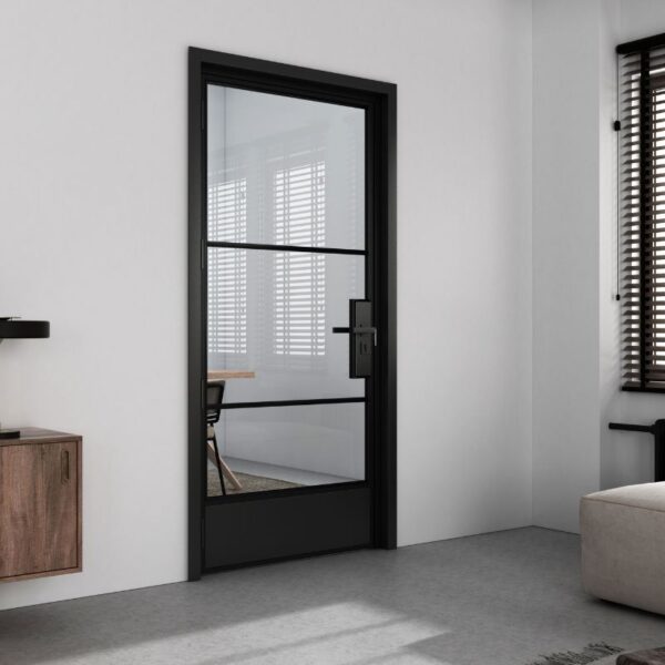 A modern room has a glass barn door with a lock, a rustic wooden cabinet on the left, and sleek window blinds.