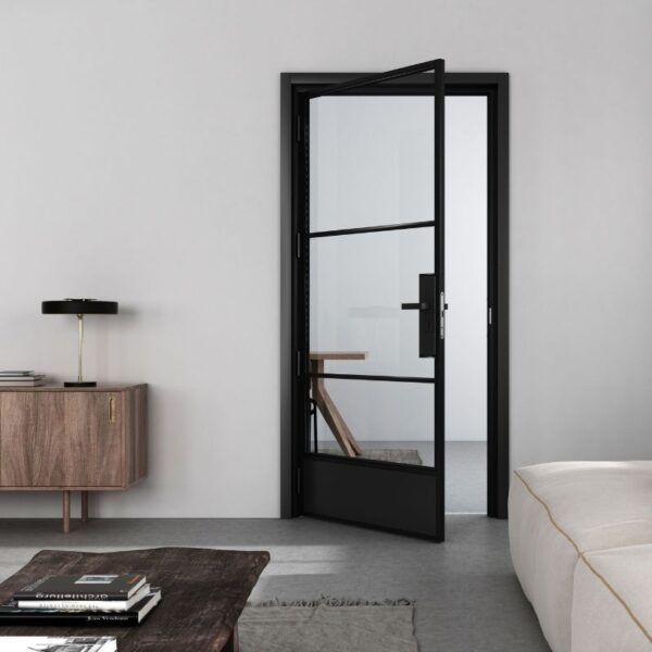 A modern living room features a wooden cabinet, lamp, 3-Lite Swinging Glass Barn Door with an optional lock, and a gray carpet.