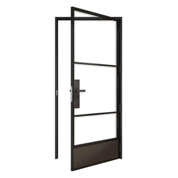 The 3-Lite Swinging Black Steel Frame Glass Barn Door offers a minimalist design, vertical handle, and sleek frame for modern homes.