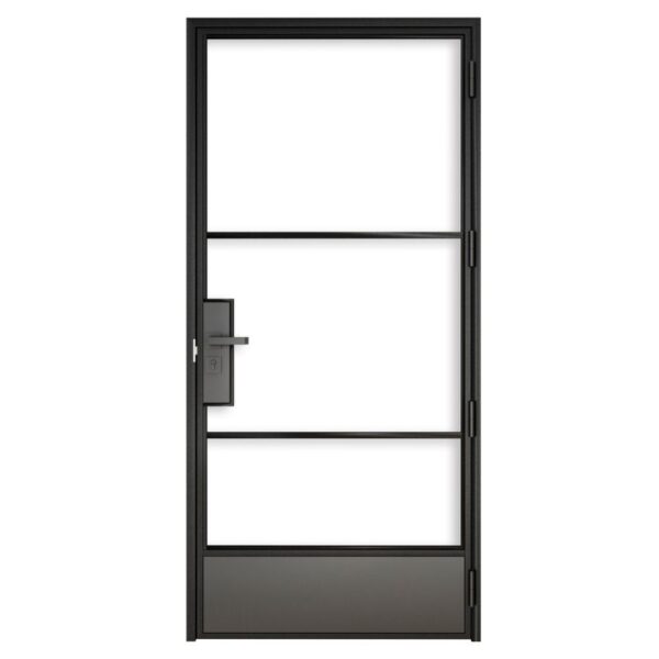 Introducing the 3-Lite Black Steel Glass Barn Door with horizontal dividers and a left ergonomic handle, ideal for residential spaces.