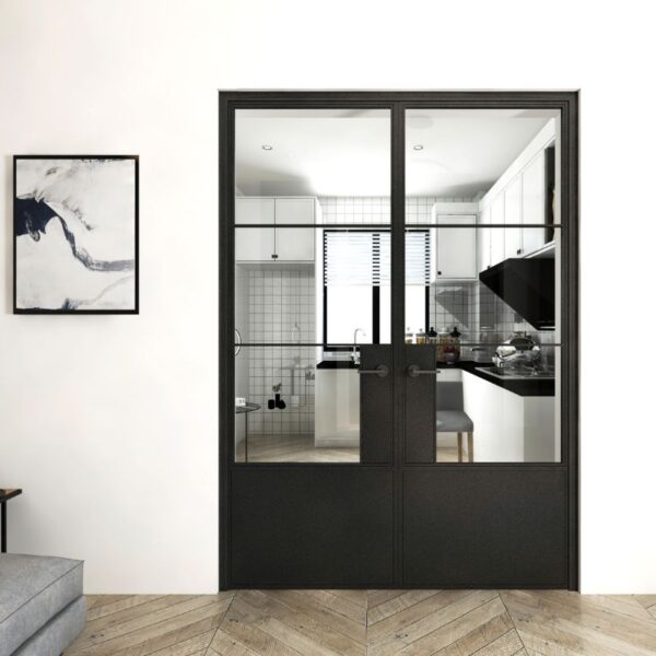 The Double Panel Tempered Glass Barn Door, with a black steel frame, stylishly connects to a modern kitchen with herringbone floors.