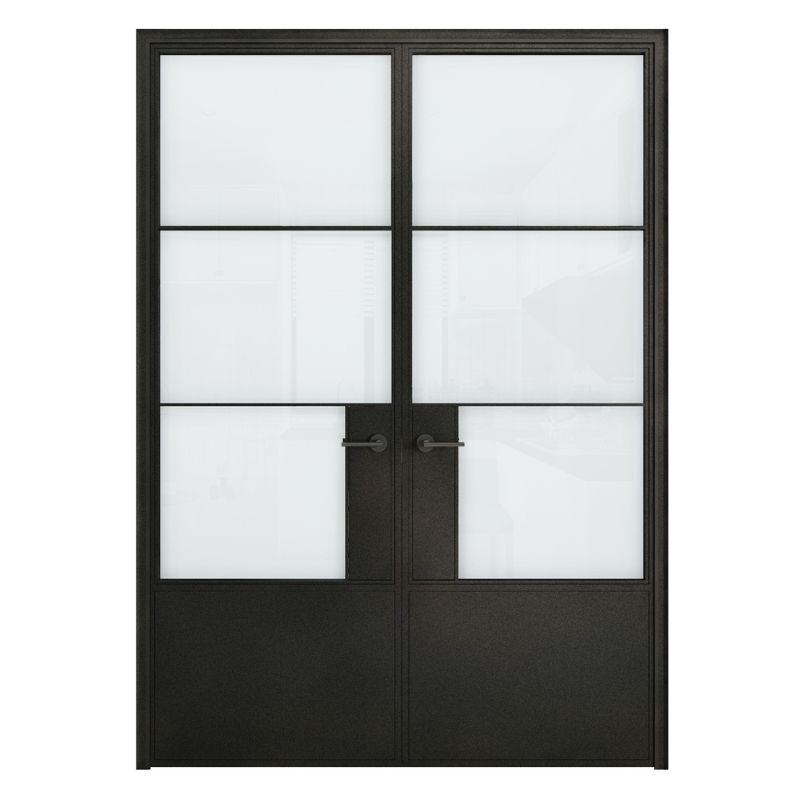 La puerta de granero de vidrio templado de panel doble ofrece un acceso elegante con un diseño negro cerrado, paneles esmerilados y un marco de acero oscilante.