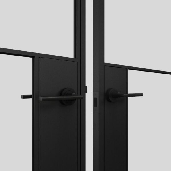 Close-up of Double Panel Tempered Glass Barn Door with black steel frame, rectangular glass panes, and sleek black handles.