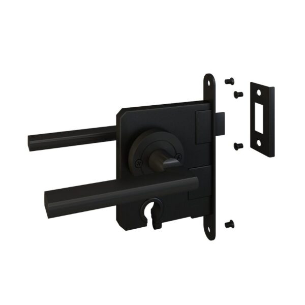 A black steel door lock with handle, keyhole, screws, and a mounting plate perfectly complements a glass barn door for stylish access.