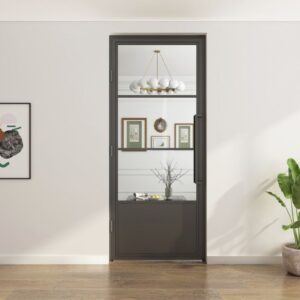 An elegant black powder-coated glass door in a white room opens to another room with framed pictures, a plant, artwork, and a chandelier.