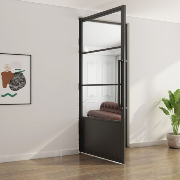 The Elegant Black Powder Coated Swing Glass Door, open to reveal a room with a brown sofa, potted plant, and abstract art on the floor.