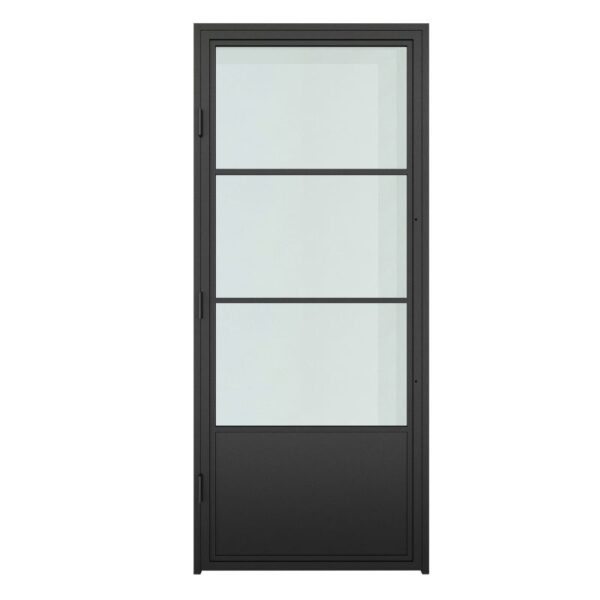 A stylish glass swing door with a black metal frame, three panels, a solid lower section, available in customizable sizes.