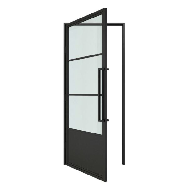 A sleek handle stands out on a black powder-coated glass door that is partially open.