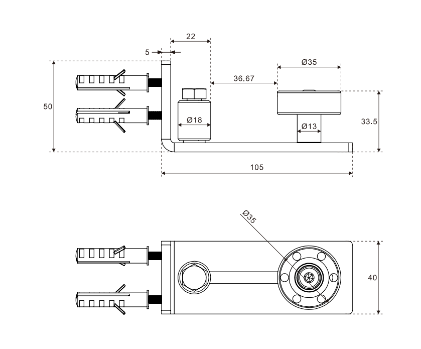 Technical drawing of a mechanical component showing dimensions, circular and rectangular elements, and two lever mechanisms.