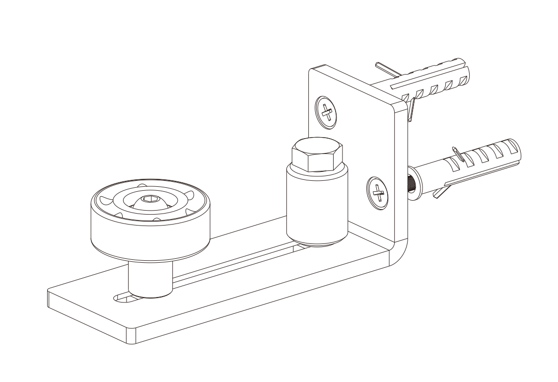 Illustration of a mechanical assembly with a metal bracket, round gear, bolt, and two wall anchors.