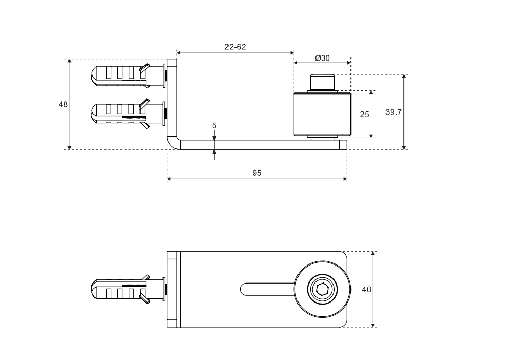 Schéma technique du guide de sol Premium Silent-Glide pour portes coulissantes (épaisseur 35-45 mm). Caractéristiques : 95 x 40 mm, ø 30 mm pour une utilisation en douceur.