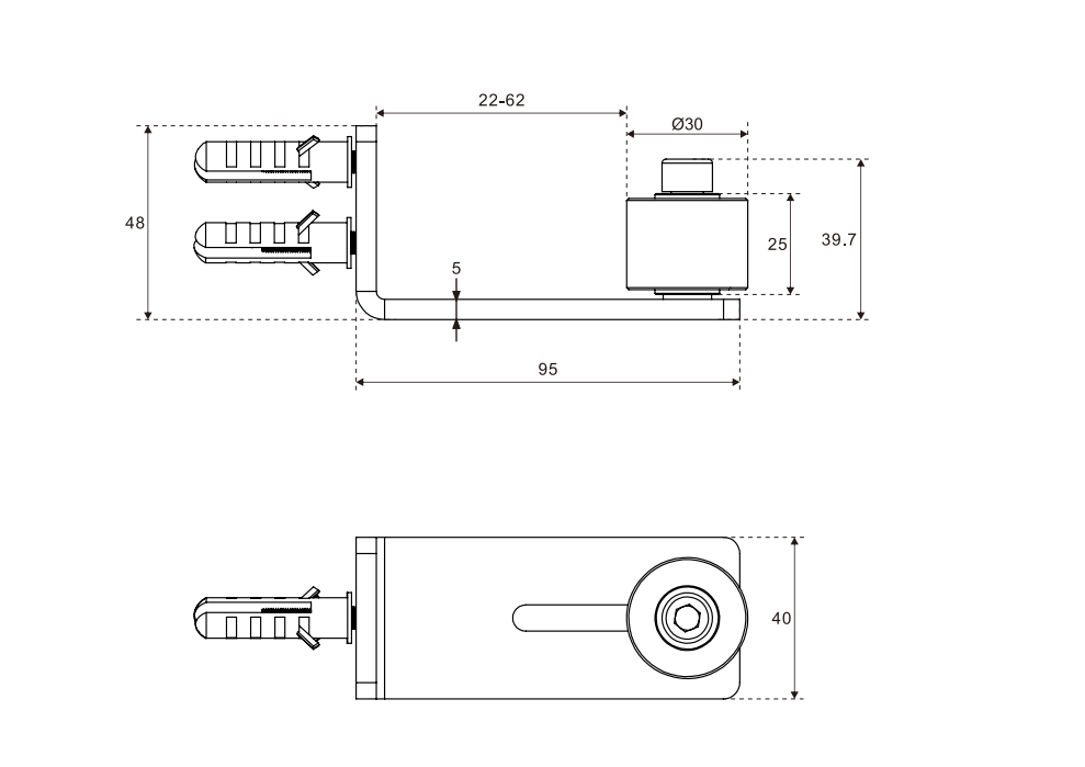 Technical diagram of the Premium Silent-Glide Floor Guide for sliding doors (35-45mm thick). Features: 95x40mm, ø30mm for smooth use.