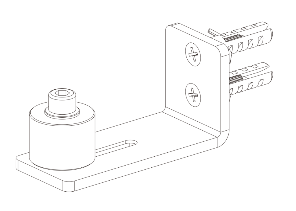 Line drawing of a wall mount bracket with screws and anchors, ideal for securing sliding doors with the Silent-Glide Floor Guide.