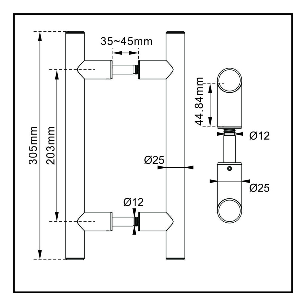 Technical illustration of 305mm Brushed Stainless Steel Barn Door Handle for residential/commercial doors, featuring a sleek design.