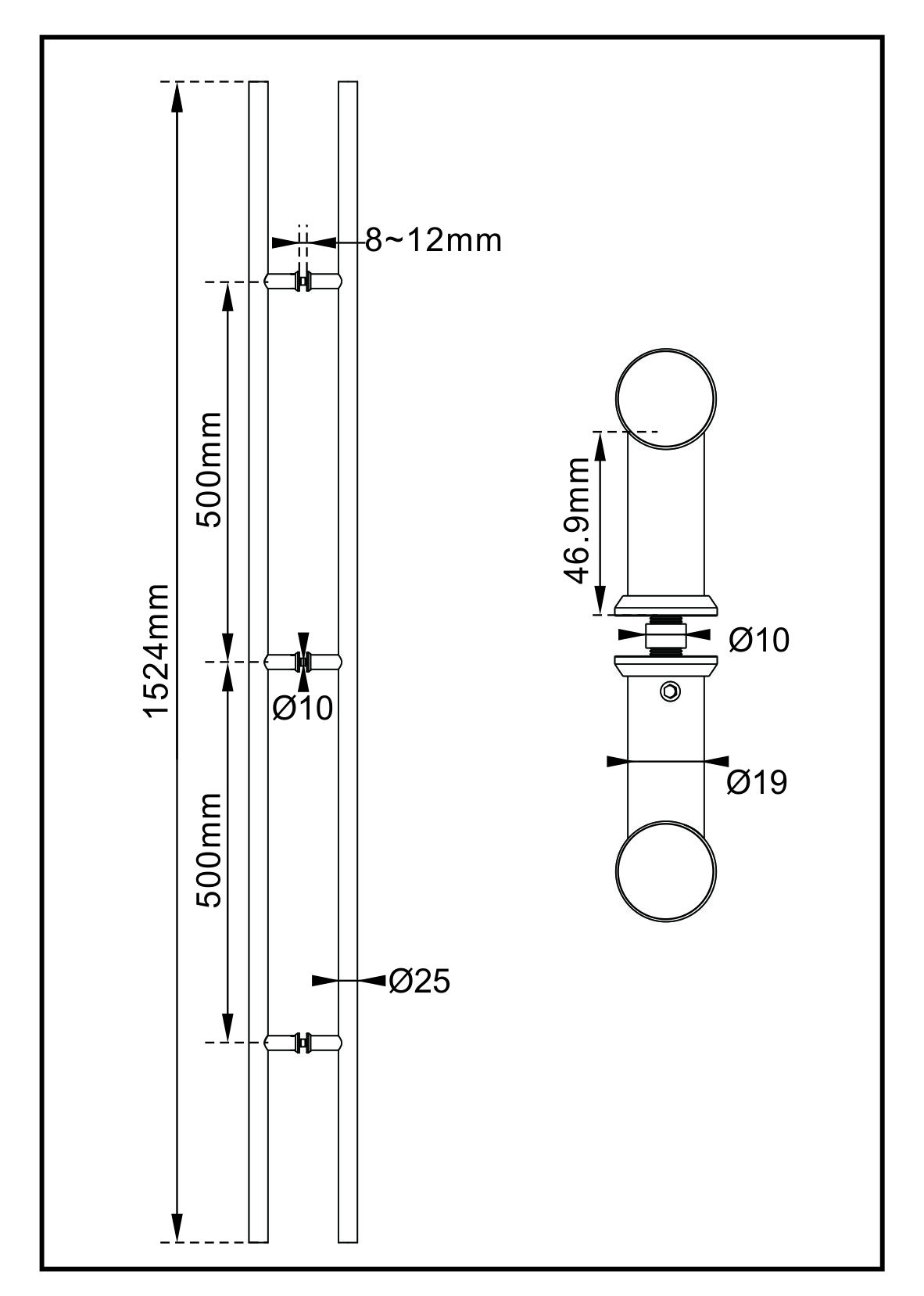 Technical diagram: Stainless Steel Push-Pull Handle for Sliding Barn Doors; dimensions: length 60" (1524mm), width 1" (25mm), screw holes Ø10 & Ø19mm.