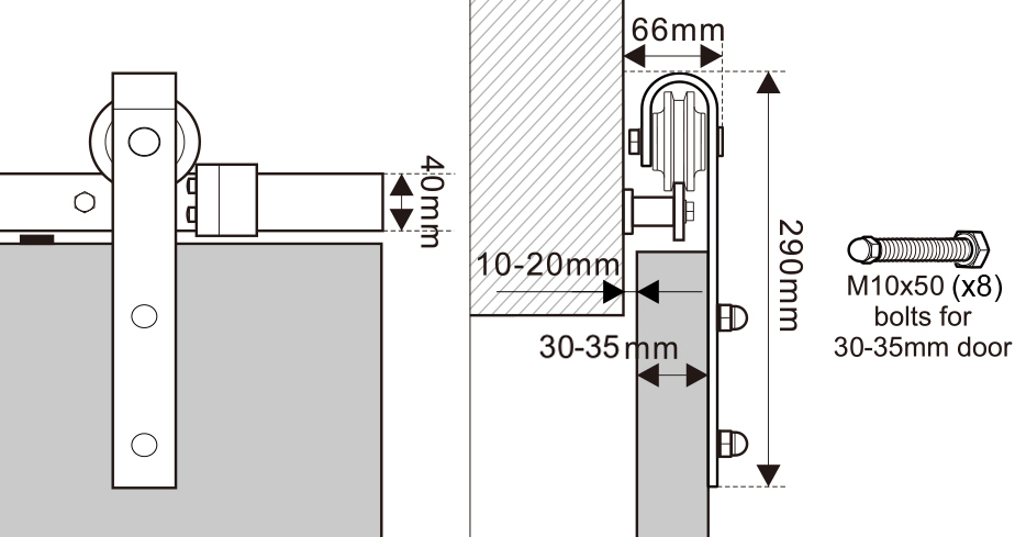 Technical diagram for the Knocked Down Sliding Barn Door, designed for interiors. Includes side/top views, dimensions, and bolt specs for a 30-35mm door.