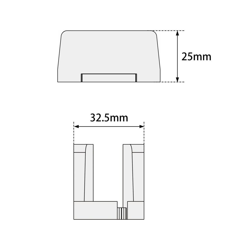 This technical diagram details the 25mm x 32.5mm Premium Adjustable Floor Guide for Glass Barn Doors, with front and side views.