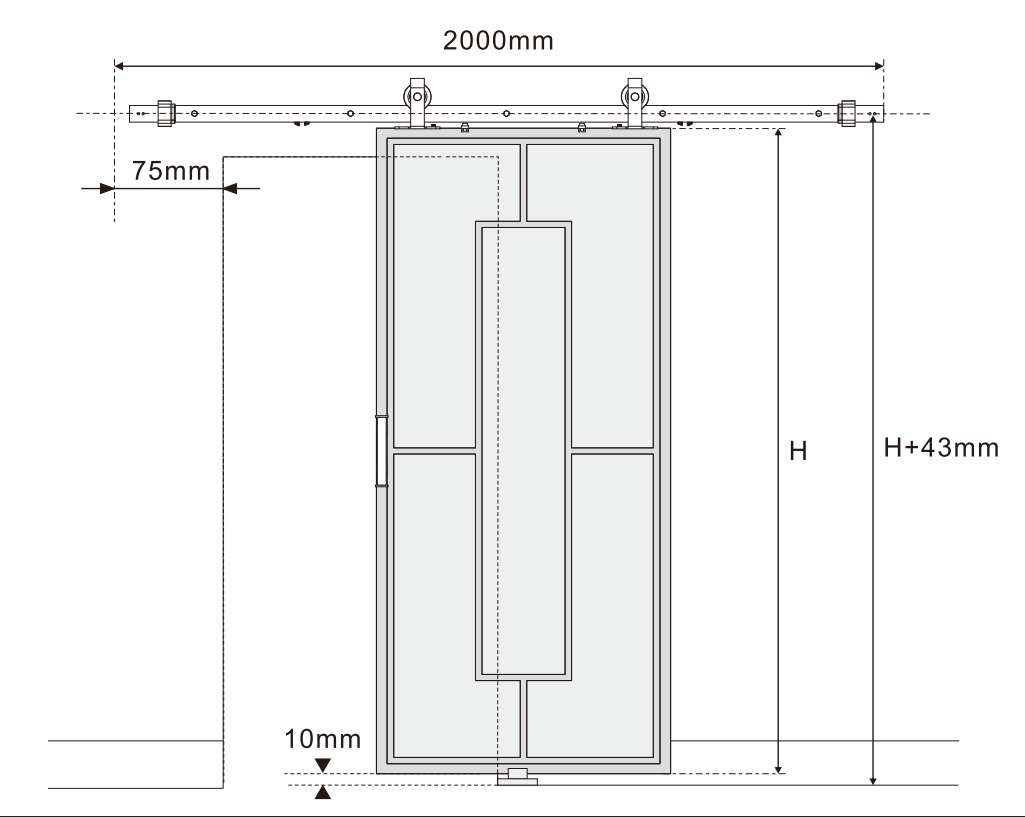 Technical drawing of a stylish steel-framed sliding glass barn door. Frosted glass, 2000mm width, 75mm clearance, 10mm floor gap, H+43mm height.