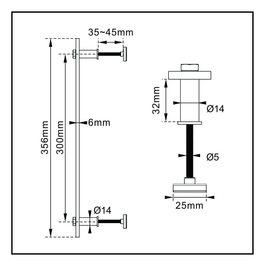 Tech diagram of a Vintage Black Powder-Coated Barn Door Handle: 356mm height, adjustable 35-45mm length, Ø5mm rod, Ø14mm bolt, 25mm base.