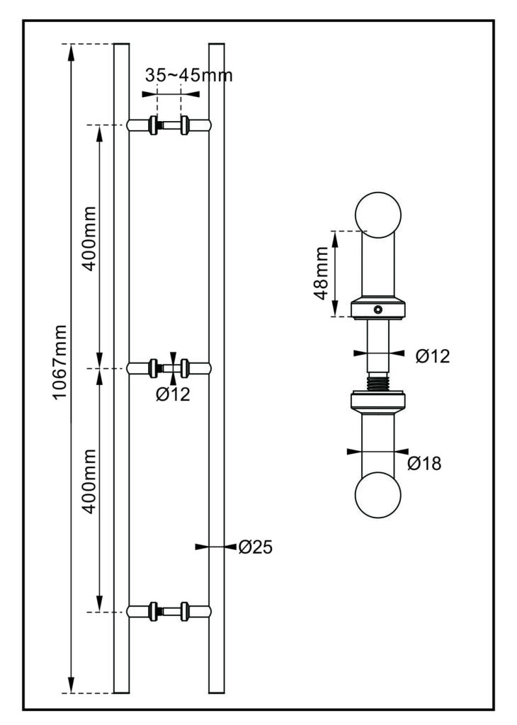 A technical diagram shows a railing with vertical posts and horizontal bars, 1067mm, 400mm lengths, Ø25/Ø12/Ø18 diameters, adjustable 35-45mm. Brushed stainless steel for indoor/outdoor use.