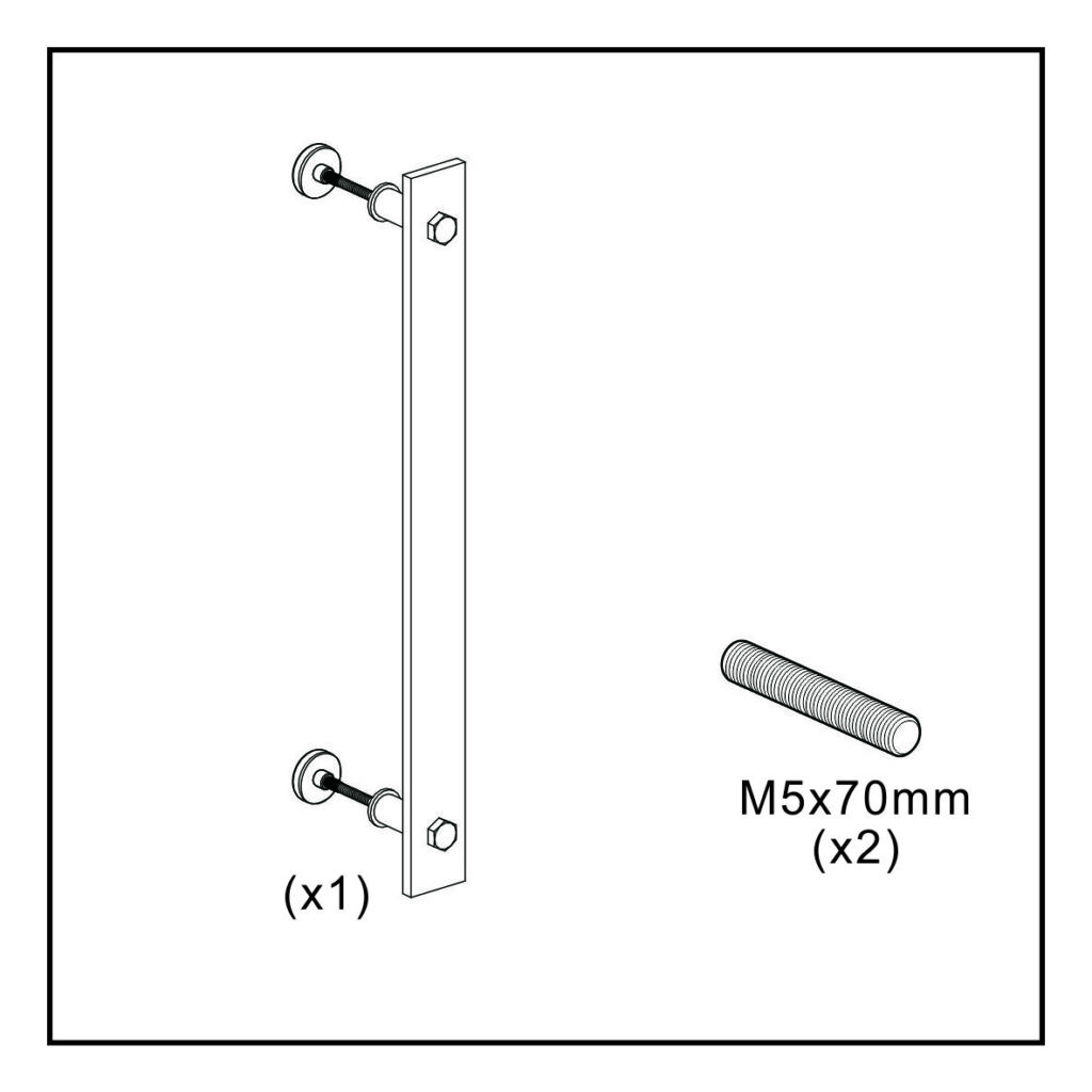 Metal bracket with screws "(x1)" and two M5x70mm rods "(x2)" for a vintage black powder-coated barn door pull handle.