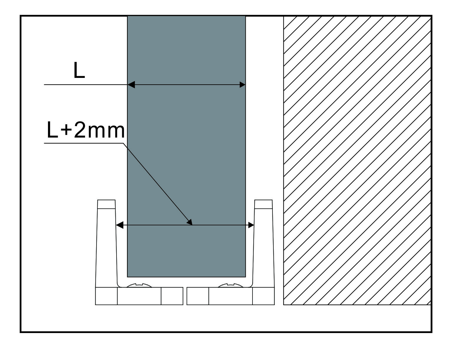 Technical illustration of the Durable Adjustable Floor Guide for heavy-duty sliding doors, featuring a plate length of L and L+2mm.