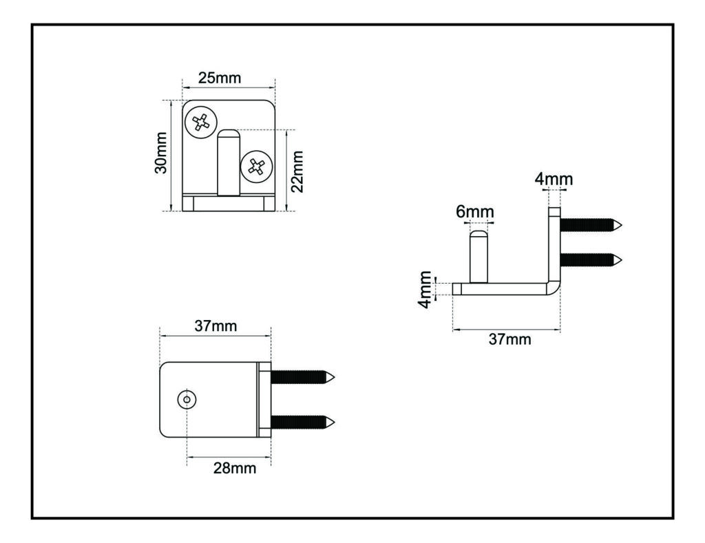 Brushed Nickel Floor Guide for heavy sliding barn/interior doors. Dimensions: 37x28mm & 25x22mm, depth 37mm, pin placements at 6mm/4mm.