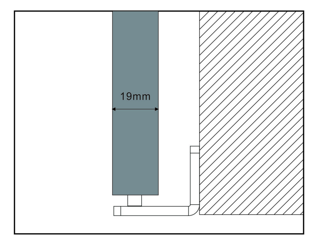 Technical diagram: side view shows a 19mm shaded rectangle by a hatched area with right angle details for Premium Nickel Door Guide.