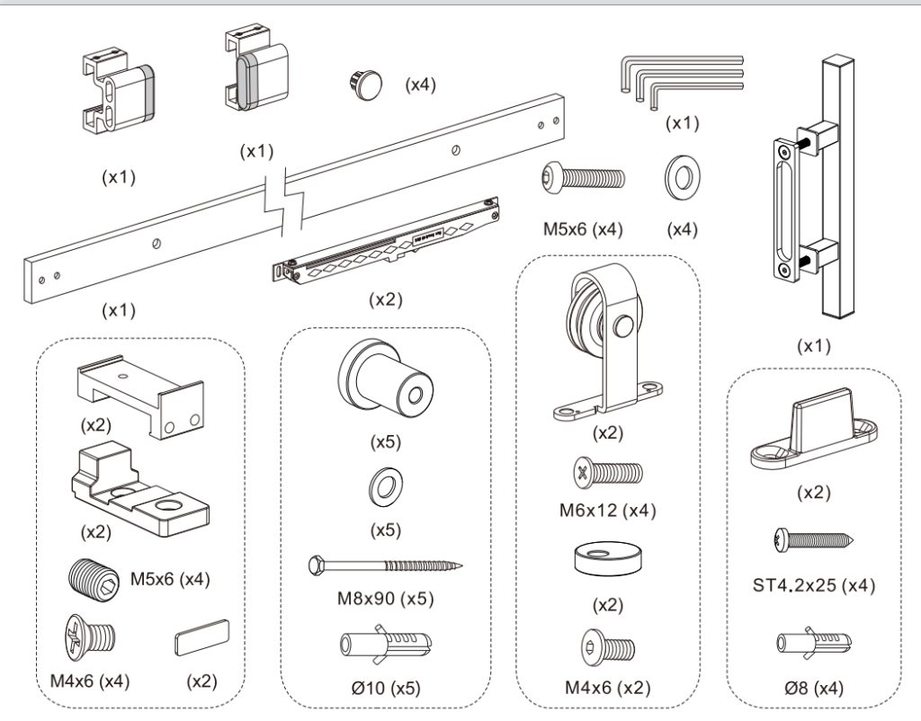 Assembly guide for Contemporary Steel Sliding Glass Barn Door with frosted glass, including labeled parts, tools, and grouped components.