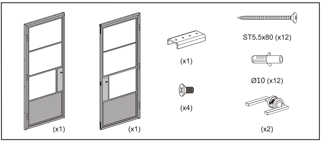 Illustration for Double Panel Tempered Glass Barn Door: two glass panels, black steel frame, brackets, screws, anchors, handle, hinges.