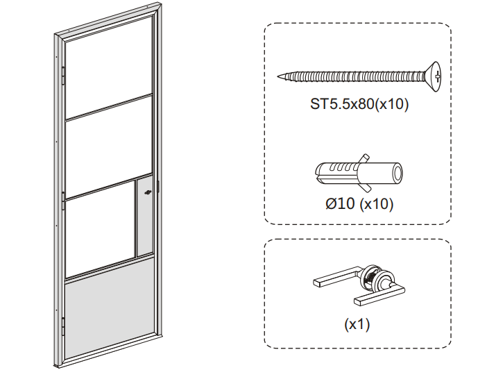 Illustration of 3-Lite Black Steel Glass Barn Door with Optional Lock & Hardware: screws, wall plugs, wheel mechanism for elegance.