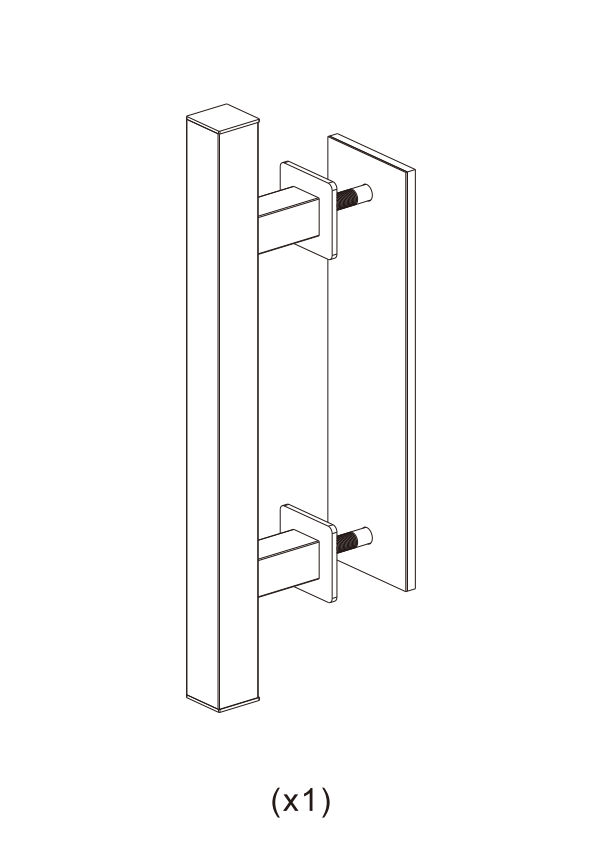 Illustration av ett fäste av kolstål: vertikal stång, 2 horisontella stöd till en platt panel "(x1)," svart finish som dubbelsidig dörrdragare.