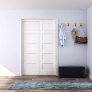 A minimalist hallway features a 48" five-panel closet door, wall-mounted coat rack, small bench, and blue rug on wooden flooring.