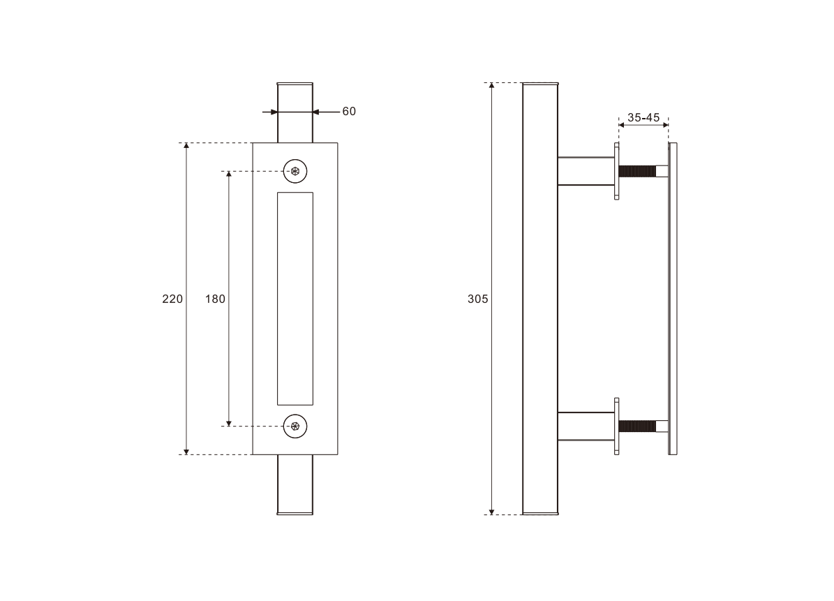 Teknisk ritning av dubbelsidig dörrdragning, kolstål, svart finish. Mått: 220x60 mm (vänster), 305x35-45 mm (höger).