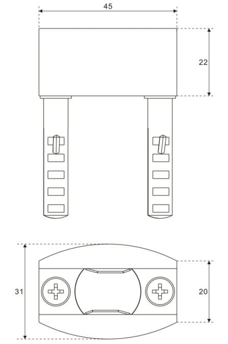 Diagrammet visar en mekanisk del (45mm x 22mm) med justerbara ben. Den nedre vyn är en 31 mm diameter, 20 mm hög aluminiumguide för 8-10 mm glasdörrar.