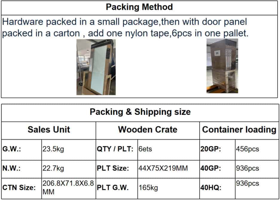 Get packaging specs for the 48" Space-Saving Arch Design Closet Door with steel/glass. Includes dimensions, weight, and loading info.