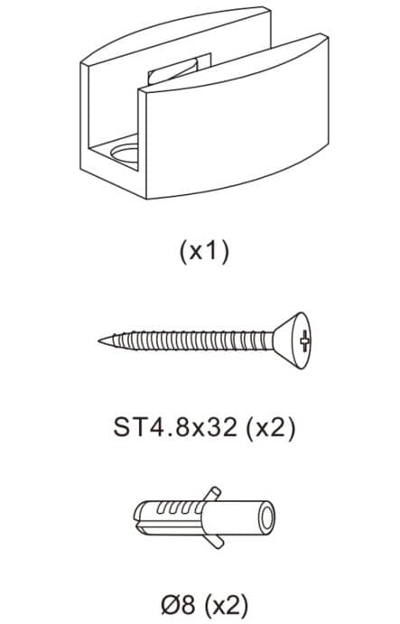 Illustration av monteringskomponenter för 8-10 mm tjocka tätade glasdörrar: monteringsfäste, två ST4.8x32 skruvar och Ø8 väggankare.