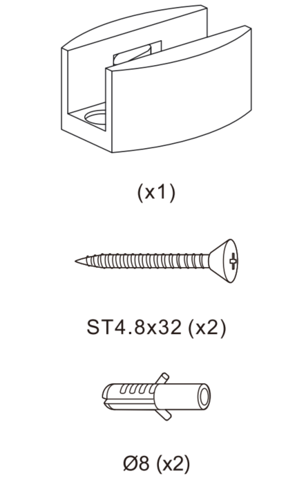 Απεικόνιση εξαρτημάτων συναρμολόγησης για σφραγισμένες γυάλινες πόρτες πάχους 8-10 mm: βραχίονας στήριξης, δύο βίδες ST4.8x32 και άγκυρες τοίχου Ø8.