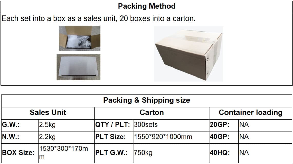Höghållfast kolståldörrdrag: 2,5 kg vardera, förpackade som enskilda enheter; 20 per 750 kg kartong (1550x920x1000 mm). Anpassade längder på begäran.