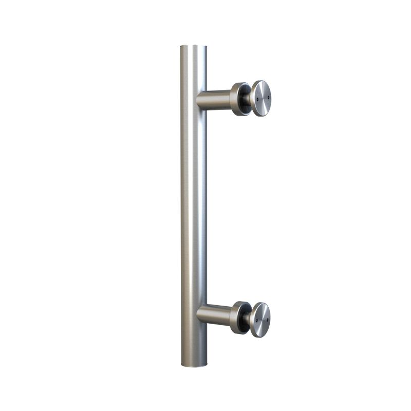 Satin Stainless Steel Door Pull Handle, single side, two circular mounts, available in customizable lengths.