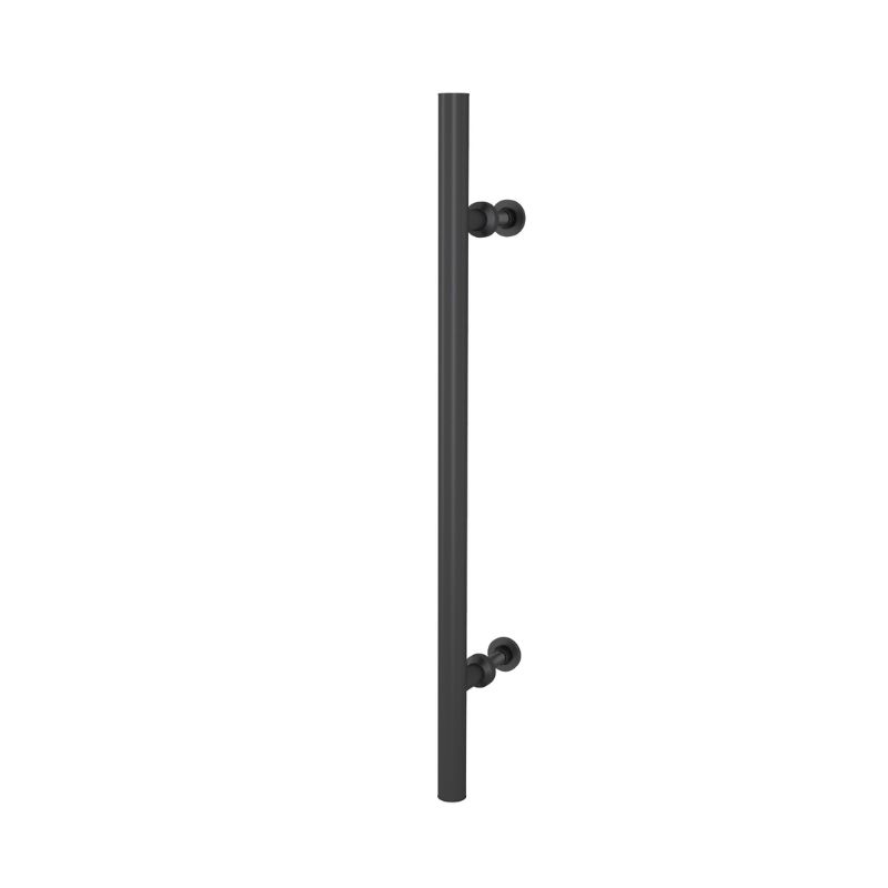 A black metal bar with a durable black stainless steel handle for single-side doors, featuring two circular mounts.