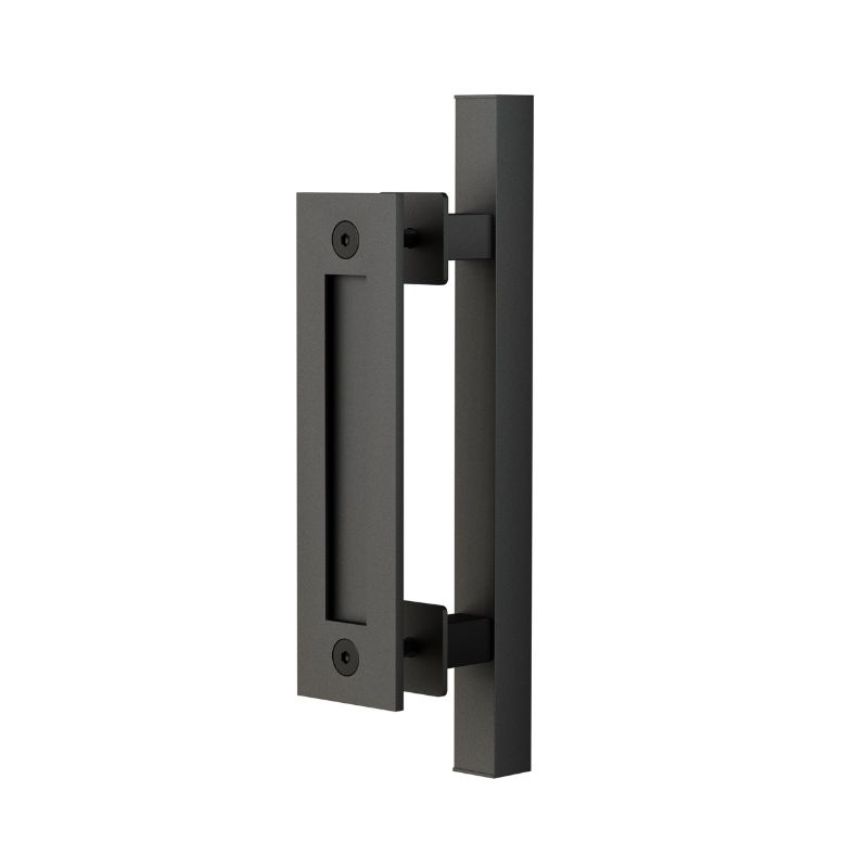 The Double-Sided Door Pull, rectangular and vertical, is crafted from durable black carbon steel with visible screws for lasting quality.