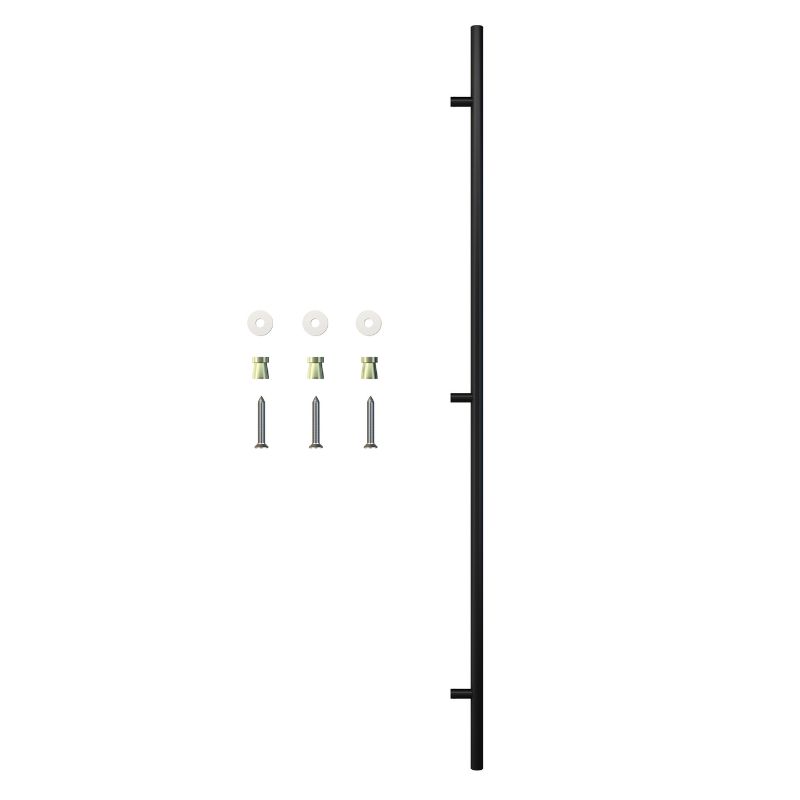 Durable design with High-Strength Carbon Steel double-sided door pull and black handle, including four screws and washers.