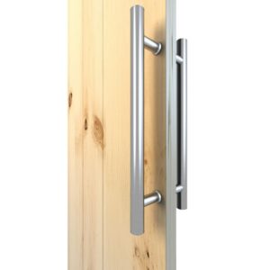 A pair of satin stainless steel door pull handles enhance a light wood panel.