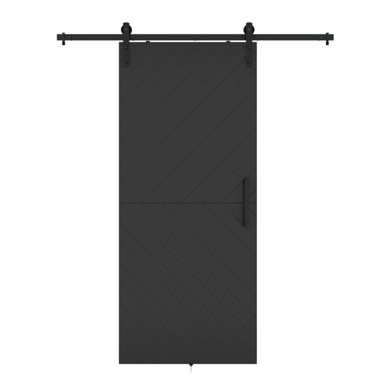 A chic black barn door with a chevron pattern glides quietly on a metal track, featuring an easy-slide roller and simple handle.